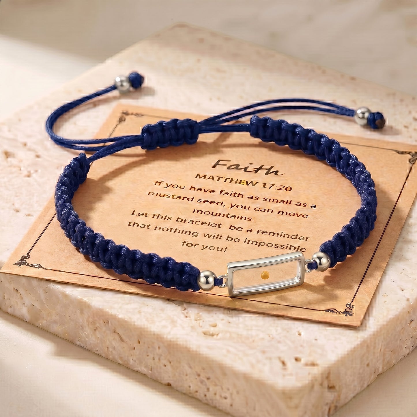 Real Mustard Seed Faith Bracelet, Adjustable Braided Nylon Cord Bracelet For Women Men, Stainless Steel Religious Christian Gift With Scripture Card