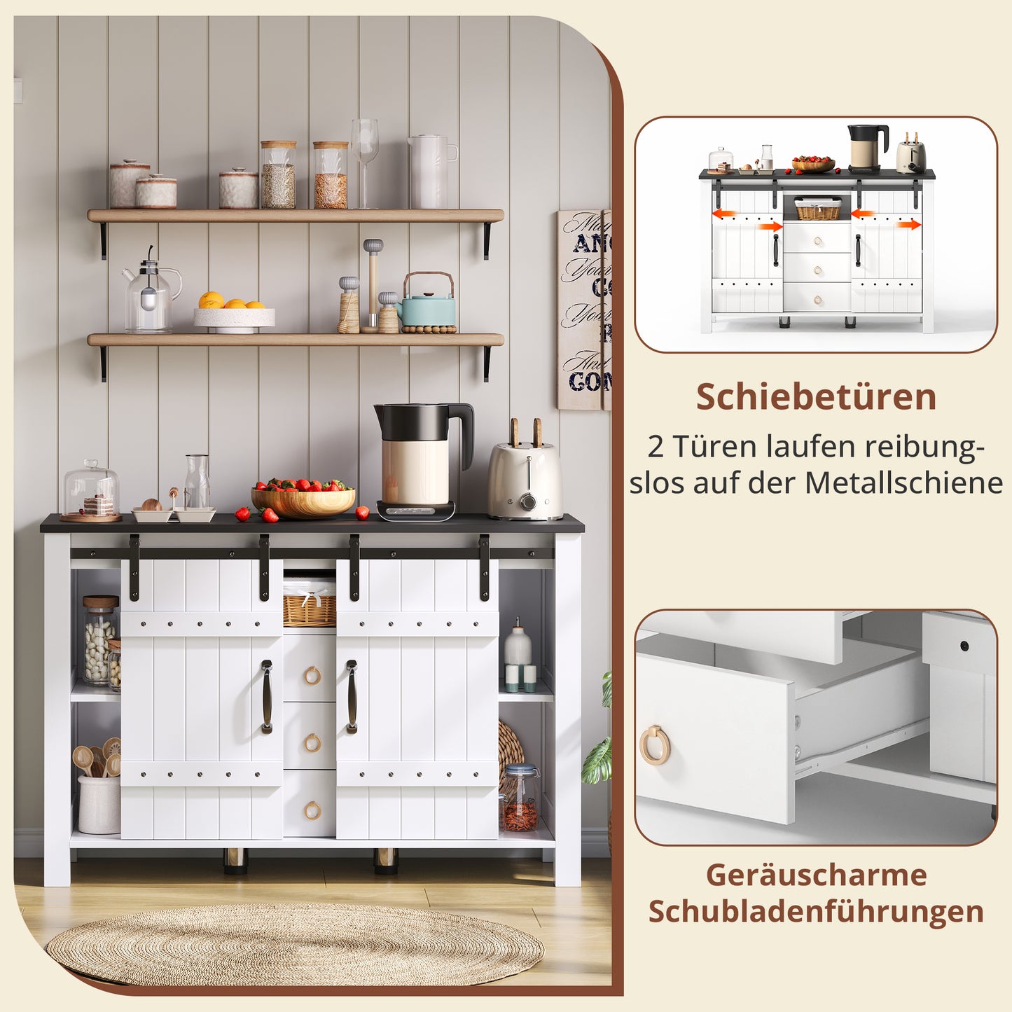Buffet Cabinet With Storage, 120 Cm Wide Side Cabinet With Sliding Doors And 3 Drawers, Rustic Wooden Coffee Bar Buffet Table, Suitable For Kitchen, Dining Room And Living Room, White