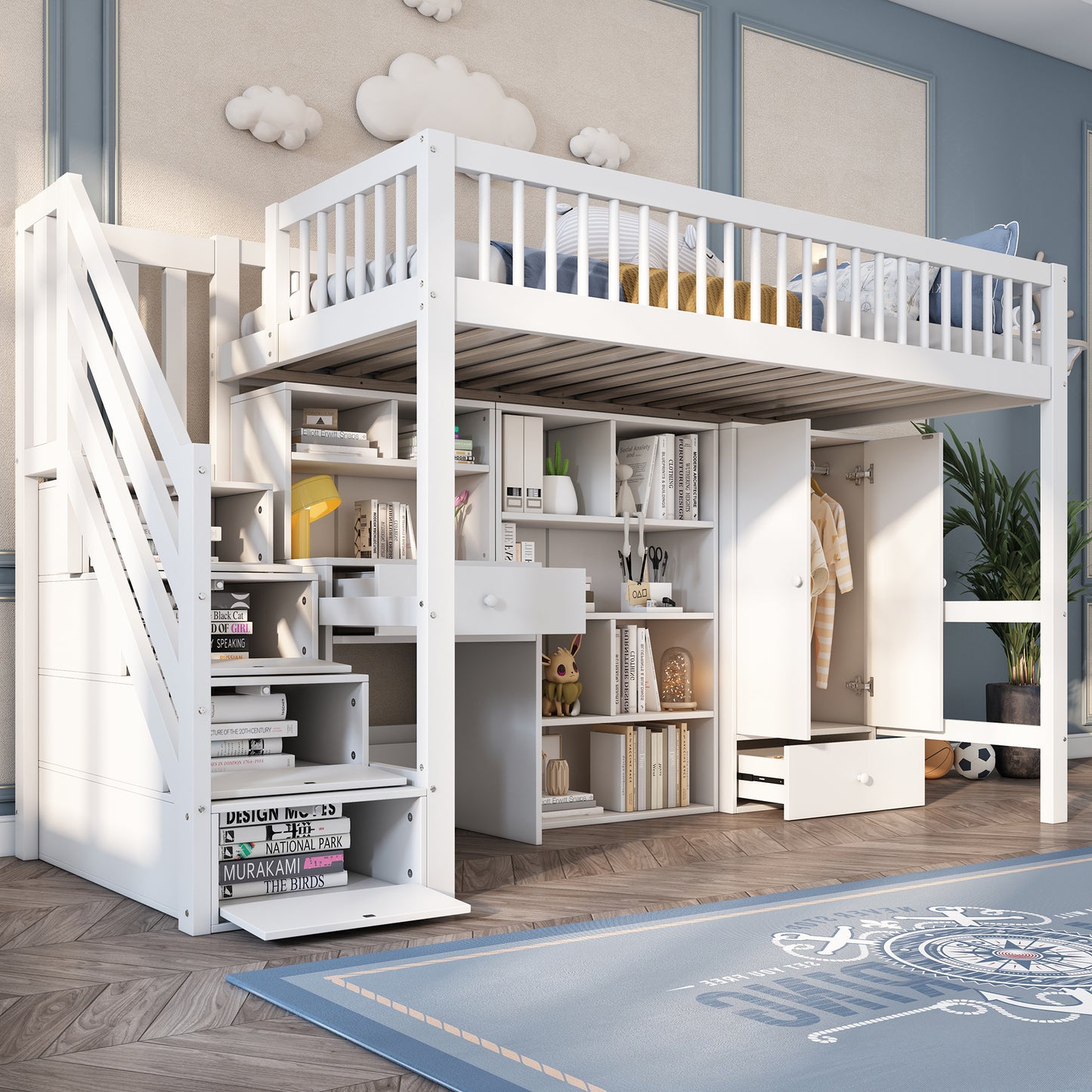Crib, Single Bed, Multifunctional Crib ,With Desk&Stairs&Lockers&Wardrobe,Without Mattress,Solid Wood MDF, White, 90x200 OLD SKU 3221289012AAW