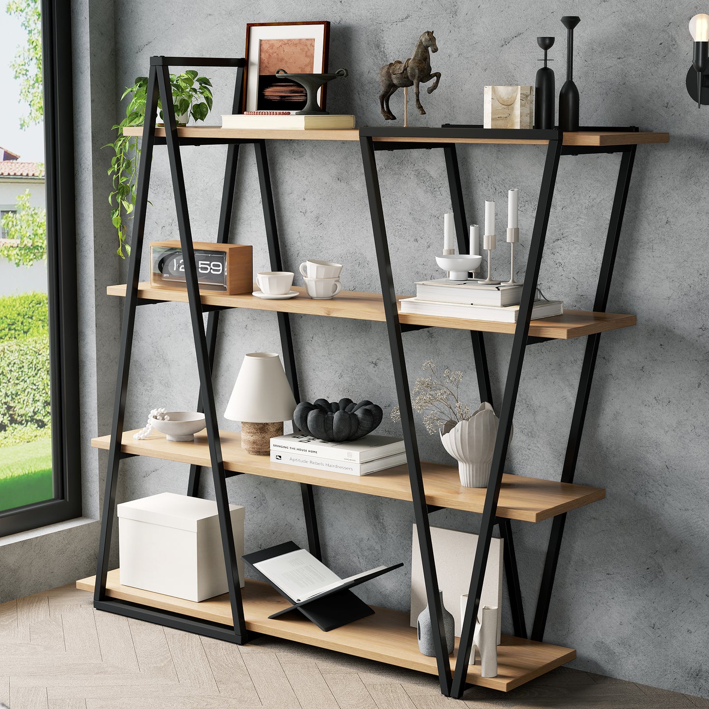 158x35x166 Cm Geometric Standing Shelf  Bookcase  Open Metal Shelf With 25 Mm Thickened MDF Wooden Floors, Triangle Design, For Living Room, Kitchen & Study,Shelf - Bookcase