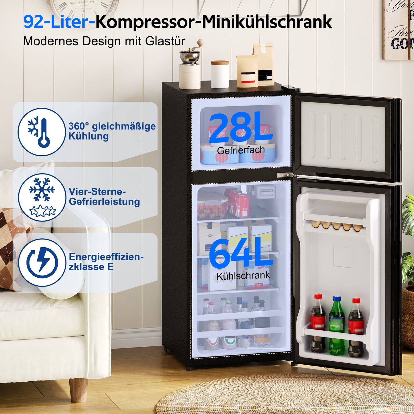92L Mini Fridge With Freezer  28L Freestanding, Glass Door, LED Lighting, Temperature Control, Low Noise, Removable Glass Shelves, Suitable For Kitchen, Office And Living Room