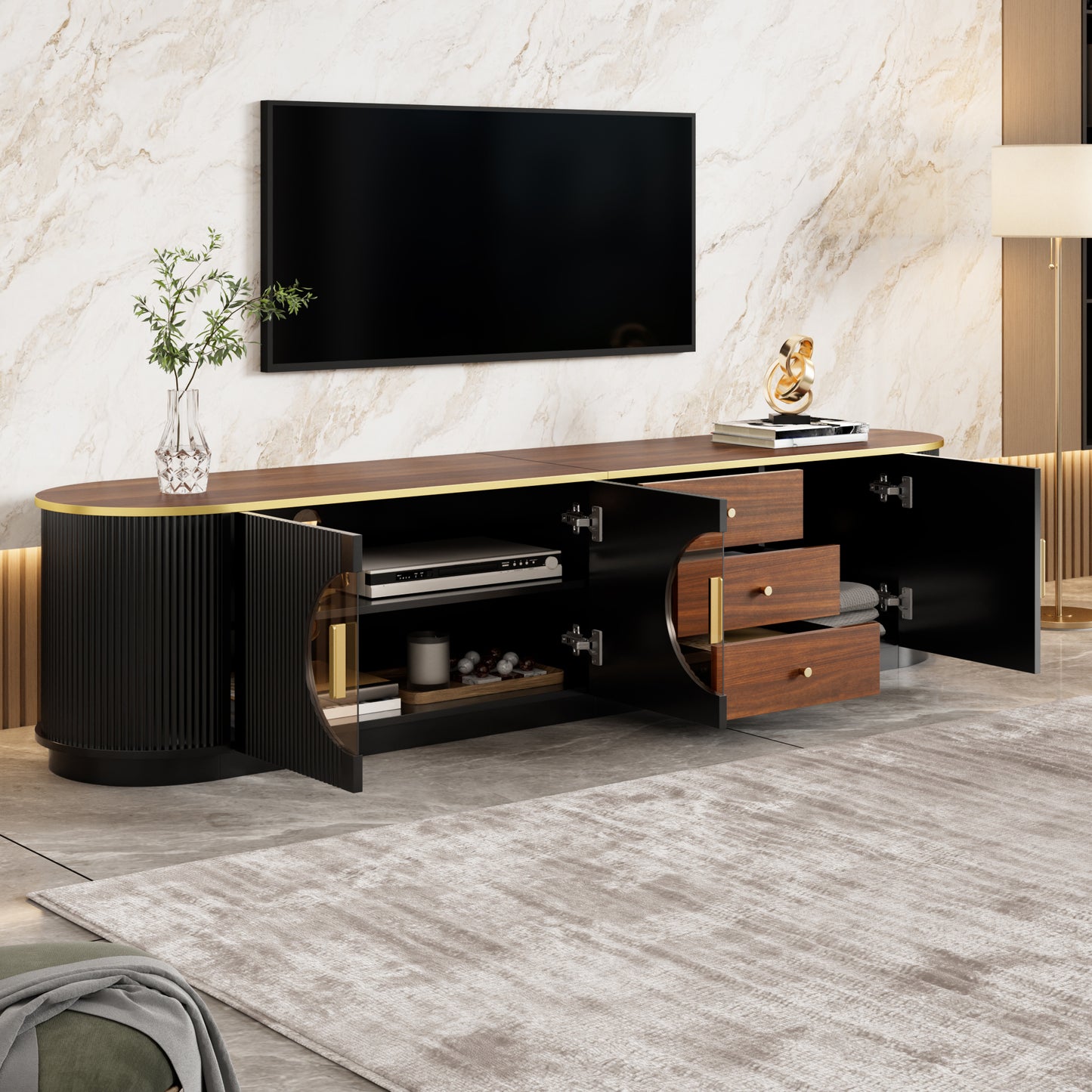 Luxury Style TV Cabinet, Lowboard, Amber Glass, MDF Body, Aluminum Handles, Rounded Edges, Vertical Groove Look
