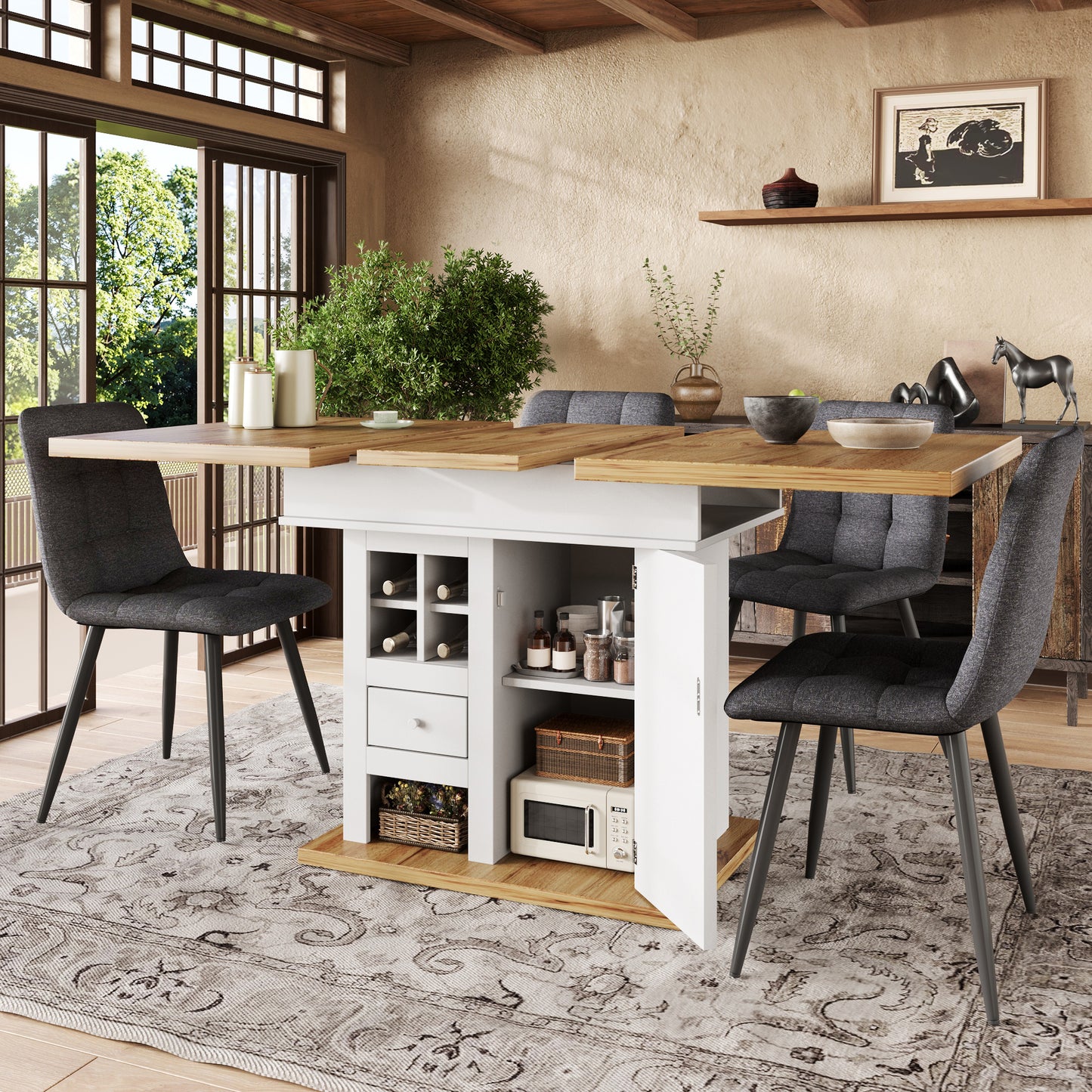 Telescopic Dining Table  110-140x80cm , Foldable Kitchen Table For 4-6 People, Extendable Dining Table, Space-saving Kitchen Table, For Kitchen And Living Room, Dining Table With Wine Rack And Drawers