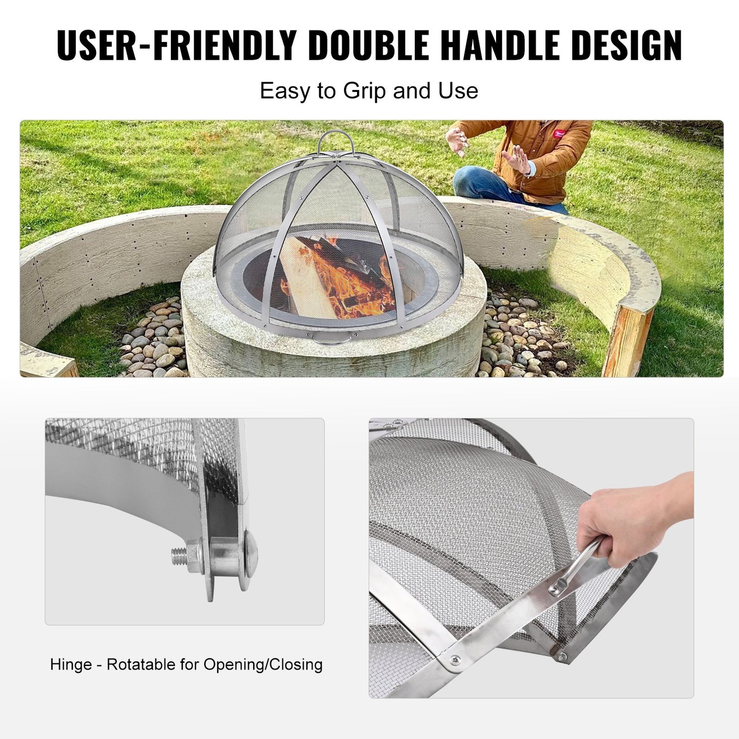 Firepit Spark Screen Lid, 40' Diameter, Outdoor Firepit Ring Cover Round Accessories, Fire Pit Metal Cover, Easy-Opening Stainless Steel Fire Ring Covers For Outdoor Patio Fire Pits Backyard