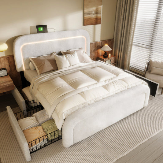 Bed Frame With USB Type-C Charging Function, LED Lighting, And 4 Drawers, Double Upholstered Bed 140x200cm, Height-adjustable Headboard, Wooden Slatted Frame, Sherpa White Without Mattress