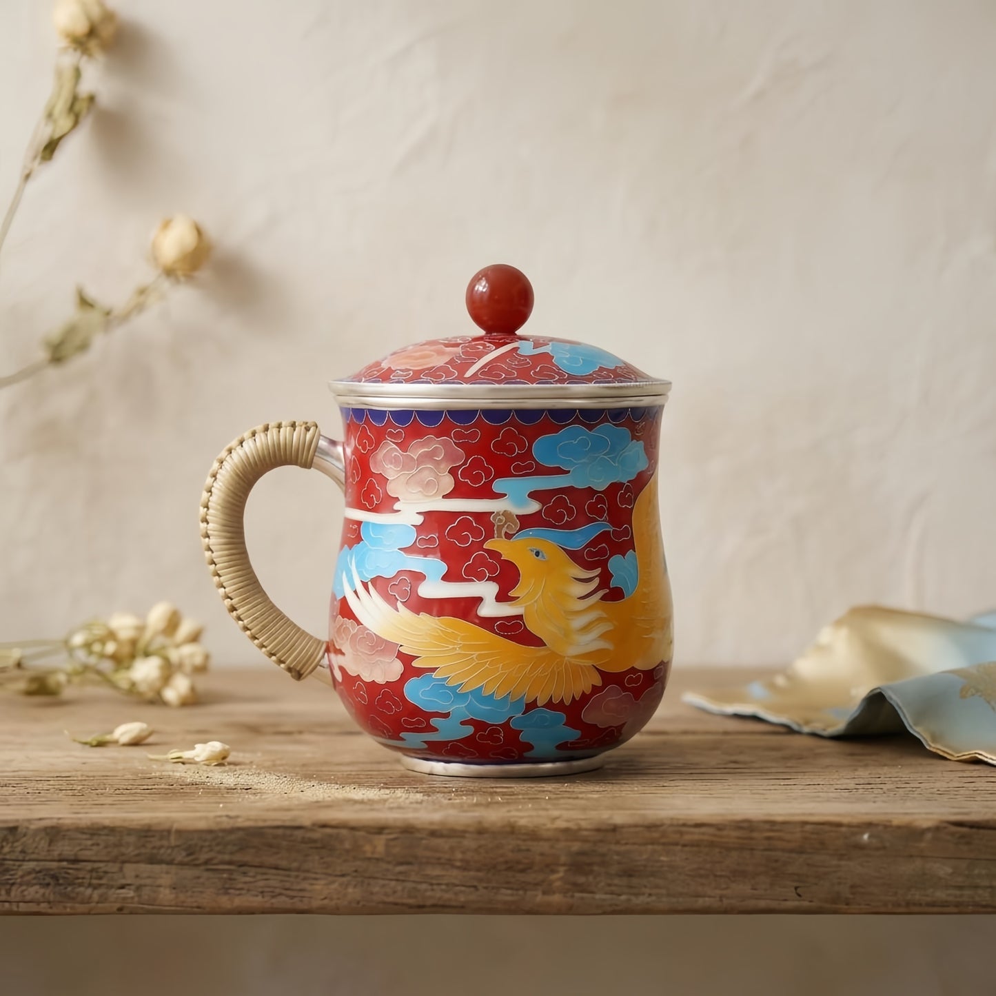 Pure 999 Fine Silver Red Cloisonné Phoenix Enamel Tea Mug with Woven Handle - Handicraft