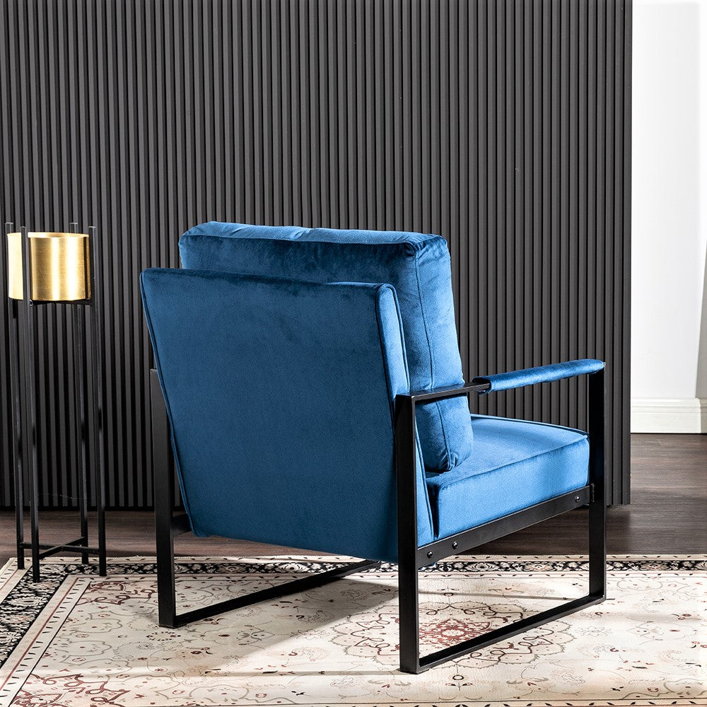 Classic Mid Century Modern Accent Chair With Durable Square Metal Frame, Armchair For Living Room, Bedroom, Home Office In Plush Velvet Upholstery, Blue