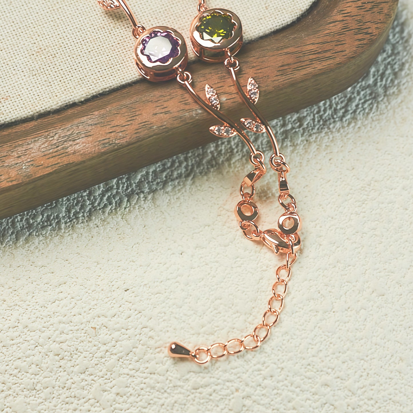 Rose Gold Branch Leaf Multicolor CZ Link Bracelet For Women, Copper Plated Silver Adjustable Extension Chain Floral Gem Wedding Daily Jewelry Gift