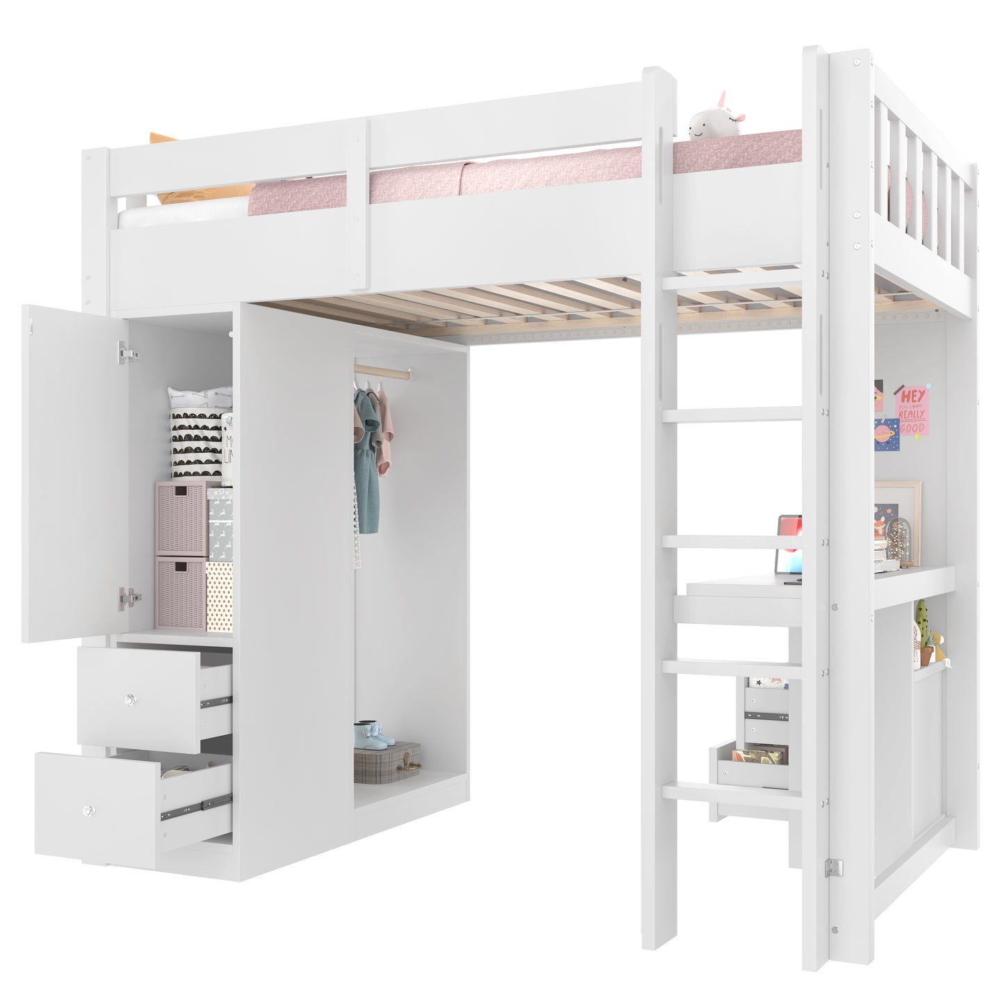 90x200 Loft Bed With 4 Drawers And 1 Storage Cupboard, Underbed Desk, Open Wardrobe, LED Light And USB, White