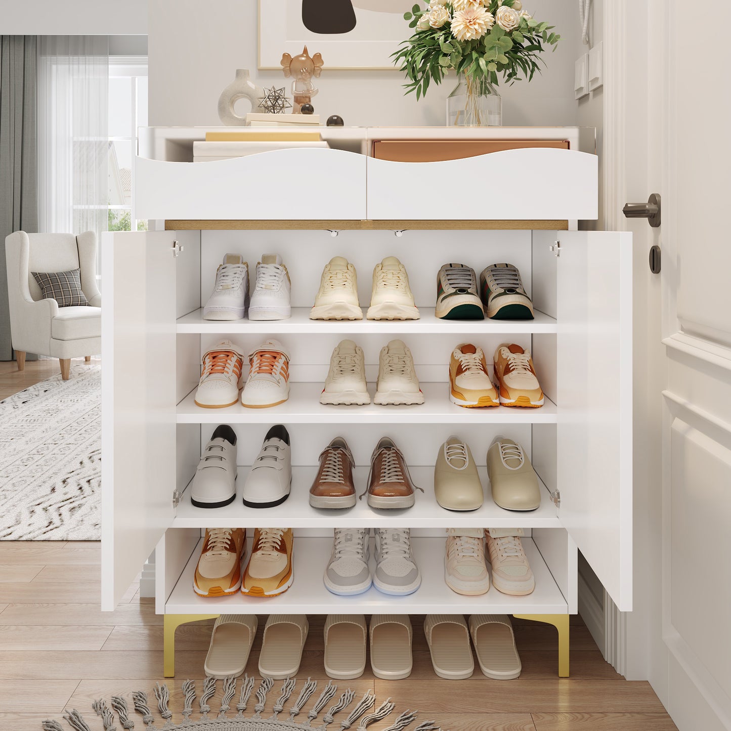 Modern White Shoe Cabinet With LED 16 Colours  Space-saving Hallway Cabinet 80x35x105 Cm With Drawers & Shelves  Storage Space, Design, Lighting For Hallway, Living Room & Entrance Area
