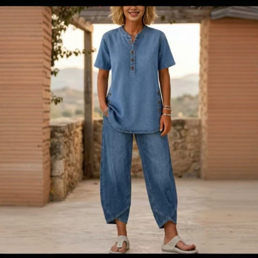 Womens Casual Fashion Set With Lapel Collar And Buttons