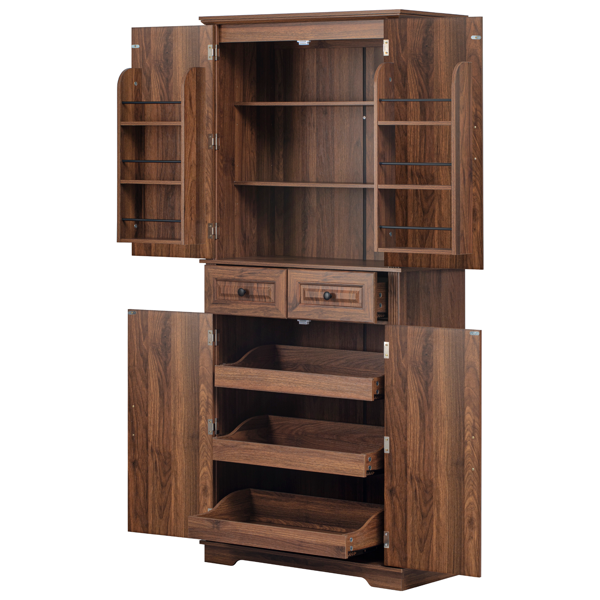 71inch Tall Kitchen Pantry Cabinet With 3 Pull Out Cabinet Organizers, Farmhouse Embossed Texture Storage Cabinet With 6 Door Shelves, 2 Drawers, Freestanding Cupboard For Kitchen, Dining Room Brown