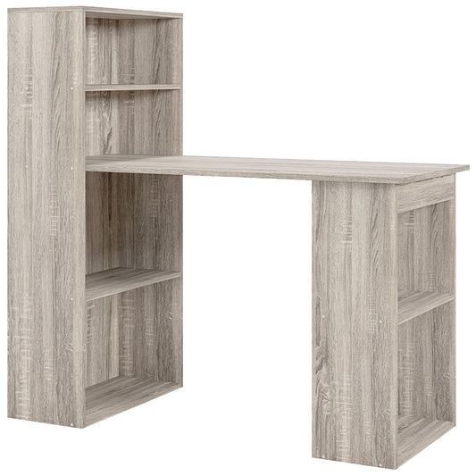 120cm Computer Desk, Wooden PC Laptop Table With 6-Tier Storage Bookshelves, Home Office Working Study Desk, Writing Workstation, Grey