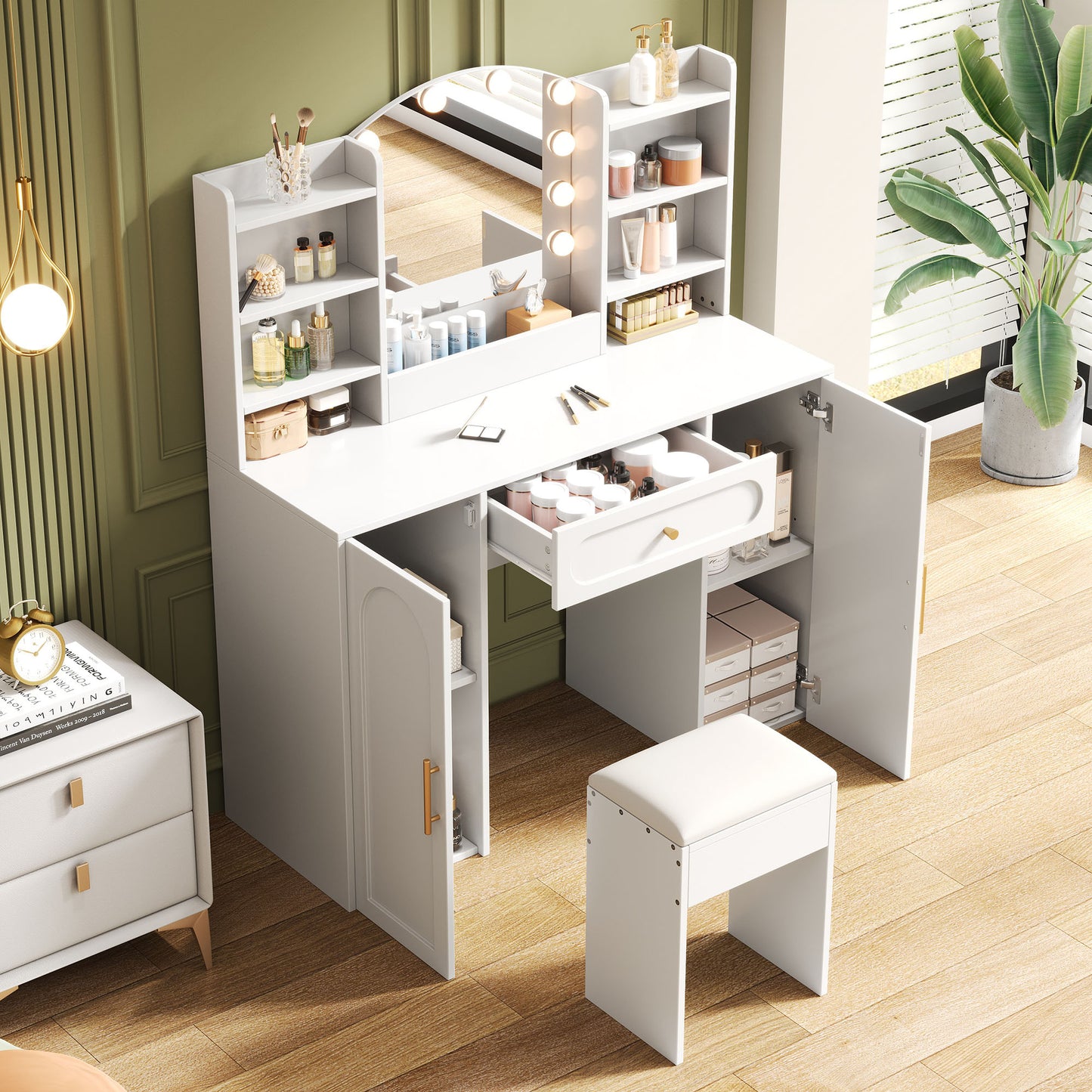 Vanity Table With Adjustable LED Lighting, Mirror And Stool, Featuring 1 Drawer And 2 Cabinet Doors, Modern Style, Perfect For Bedroom, Dimension110 X 40 X 132 Cm