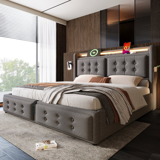 Upholstered King Bed, 5FT Hydraulic Bed With LED Lighting, USB Type-C Charging, Headboard For Cellphones & Tablets, 150 X 200 Cm, Linen, Grey  No Mattress