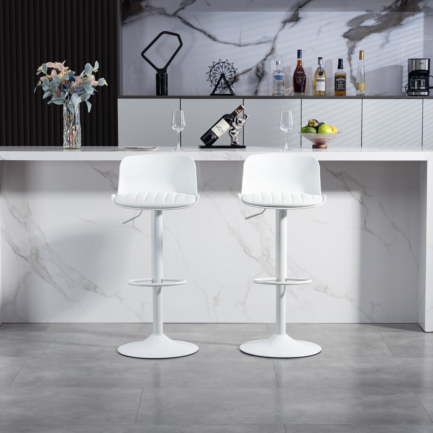 Modern Adjustable Swivel Bar Stools Set Of 2, Plastic Backrest & Faux Leather Seat, Gas Pressure Lift Height, Metal Base With Footrest, Kitchen Counter Bar Stool