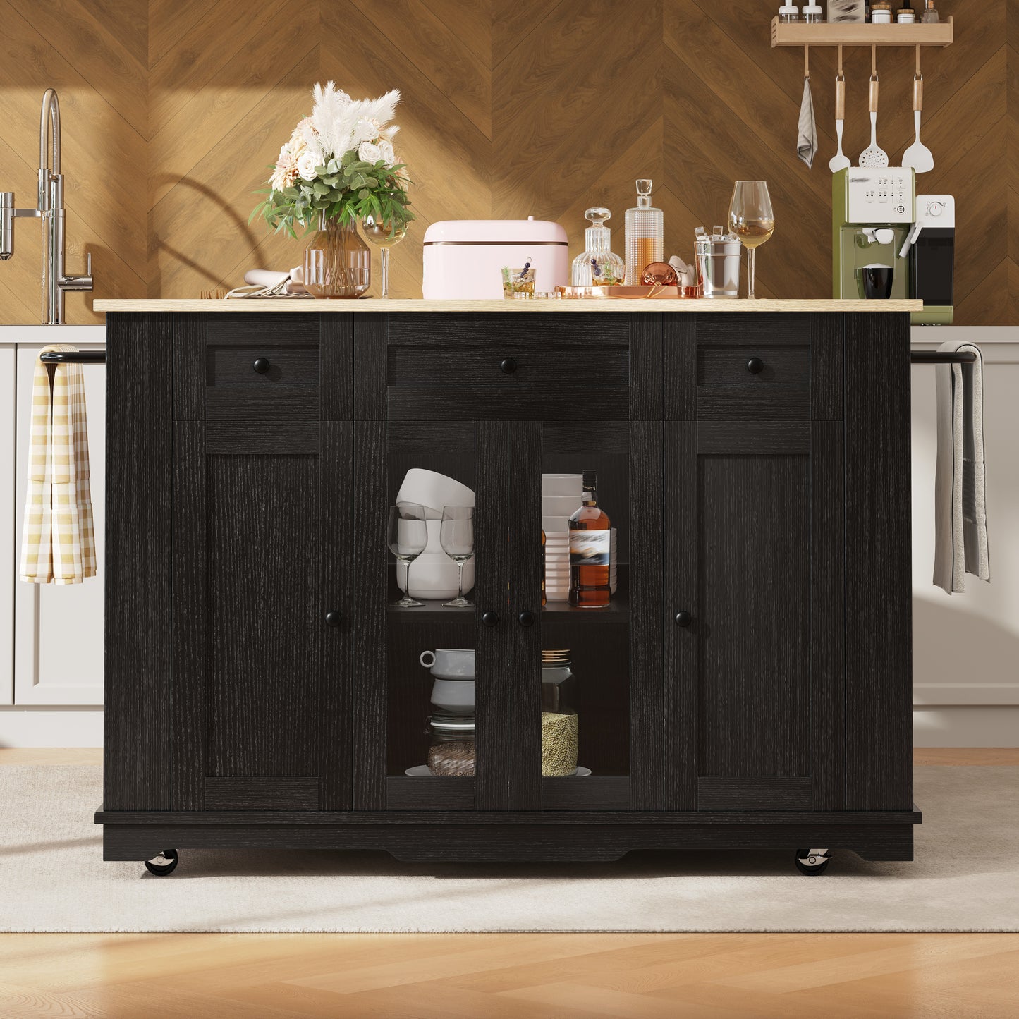 Kitchen Island, Removable Dividers, Kitchen Cabinet, Dining Cart With Countertop, Buffet Cabinet, Wood-Grain Dining Cart, Buffet Cabinet, Tempered Glass Cabinet, Black