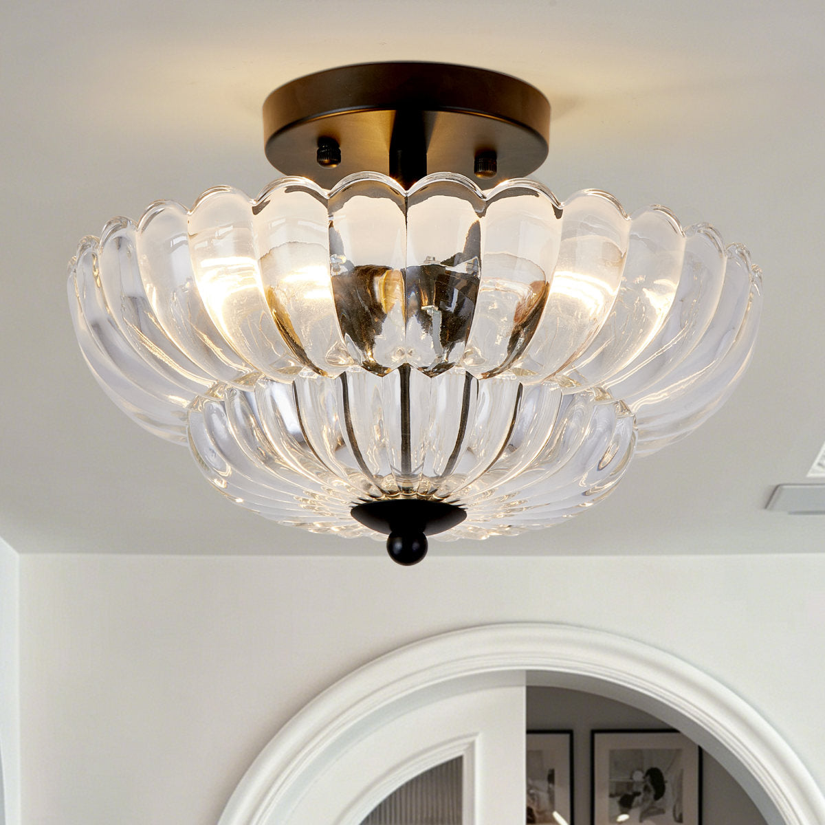 Semi Flush Mount Ceiling Light, Smoky Gray Glass Ceiling Light Fixture, 3-Bulb Modern Black Close to Ceiling Light, Vintage Glass Ceiling Lights for Bedroom Kitchen Living Room, Bulb Not Included