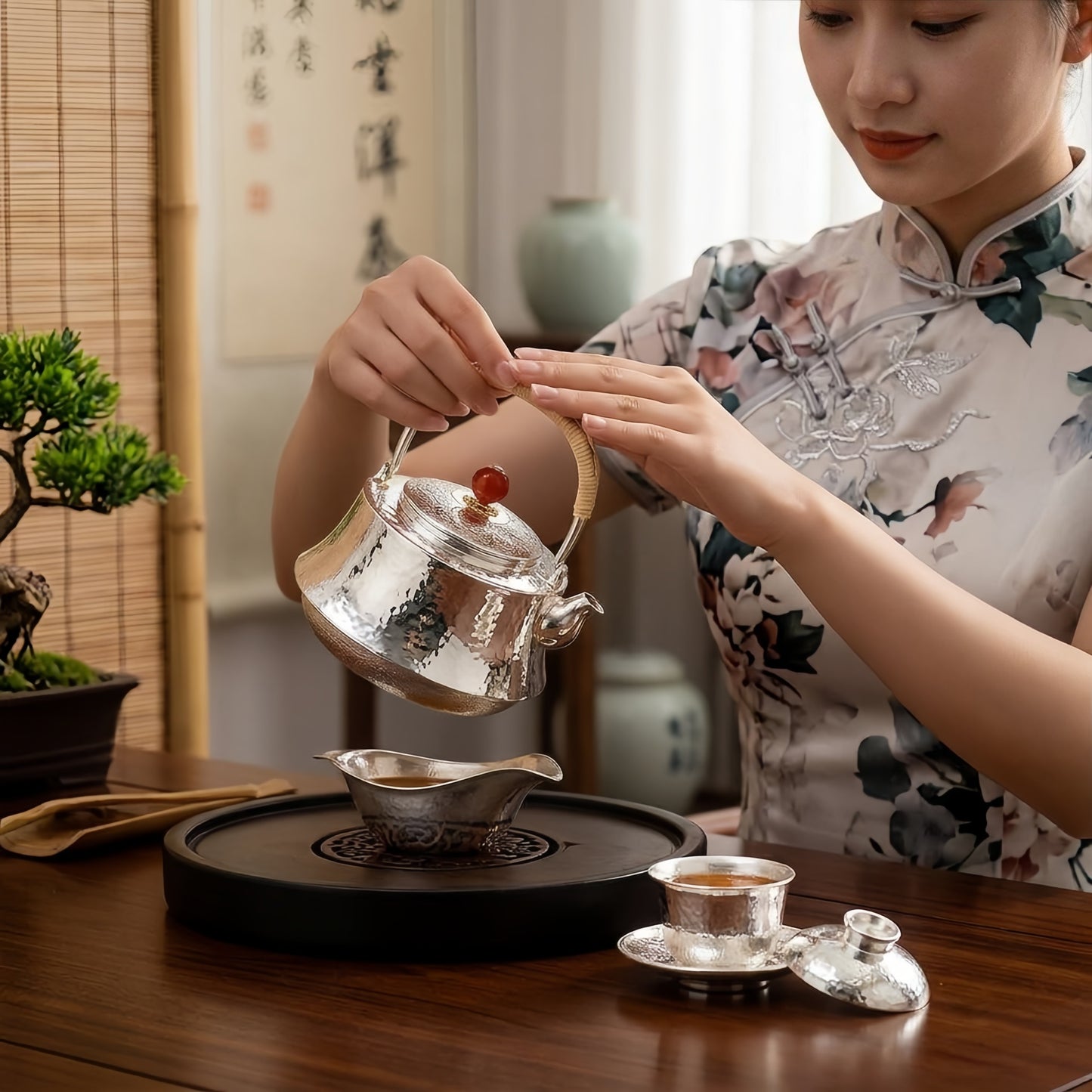 925 Sterling Silver Elegant Hand-Hammered Silver Tea Kettle with Woven Handle and Red Bead Ornament - Handicraft