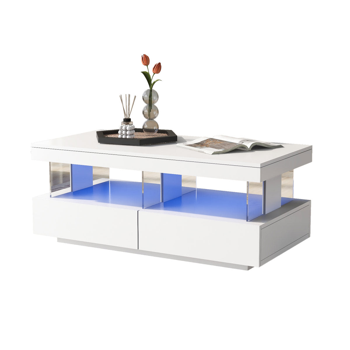 White High Gloss LED Coffee Table, Tea Table With 16 Colors LED Lights, Coffee Table With 2 Drawers And Open Storage Space, Rectangular Table For Office,Store And Living Room 100x60x49.5cm