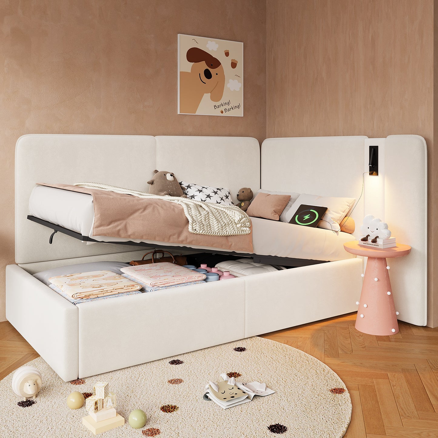 Daybed 90x200 Cm With Hydraulic Storage, Upholstered Bed, Daybed, Sofa Bed With USB Charging Port And Reading Lamp, Velvet, Beige