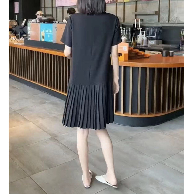 Summer New Korean-style Loose-fit Solid-color Youthful Mid-length Pleated Dress