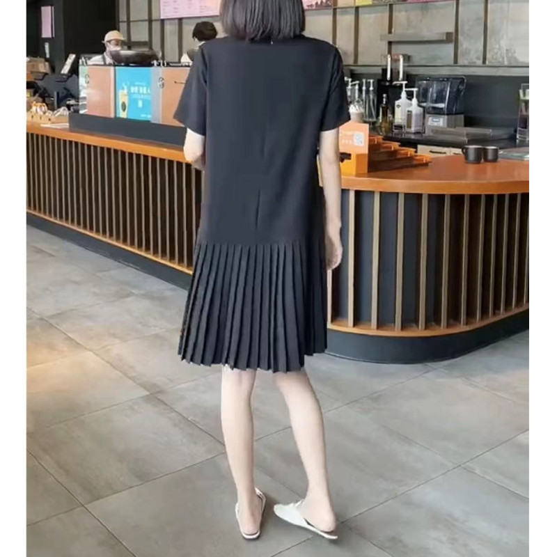 Summer New Korean-style Loose-fit Solid-color Youthful Mid-length Pleated Dress