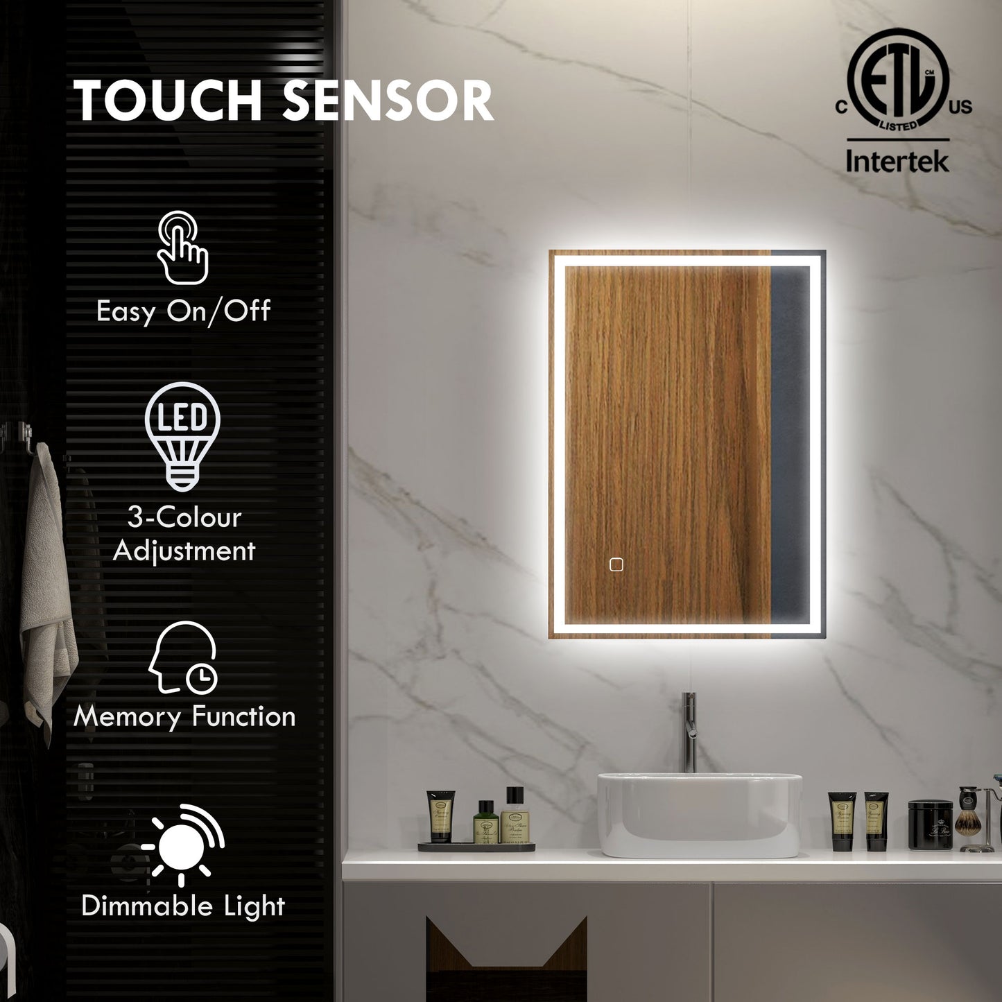 32" x 24" Bathroom Mirror with LED Lights, Dimmable Makeup Mirror, Vanity Mirror with 3 Colors, Smart Touch