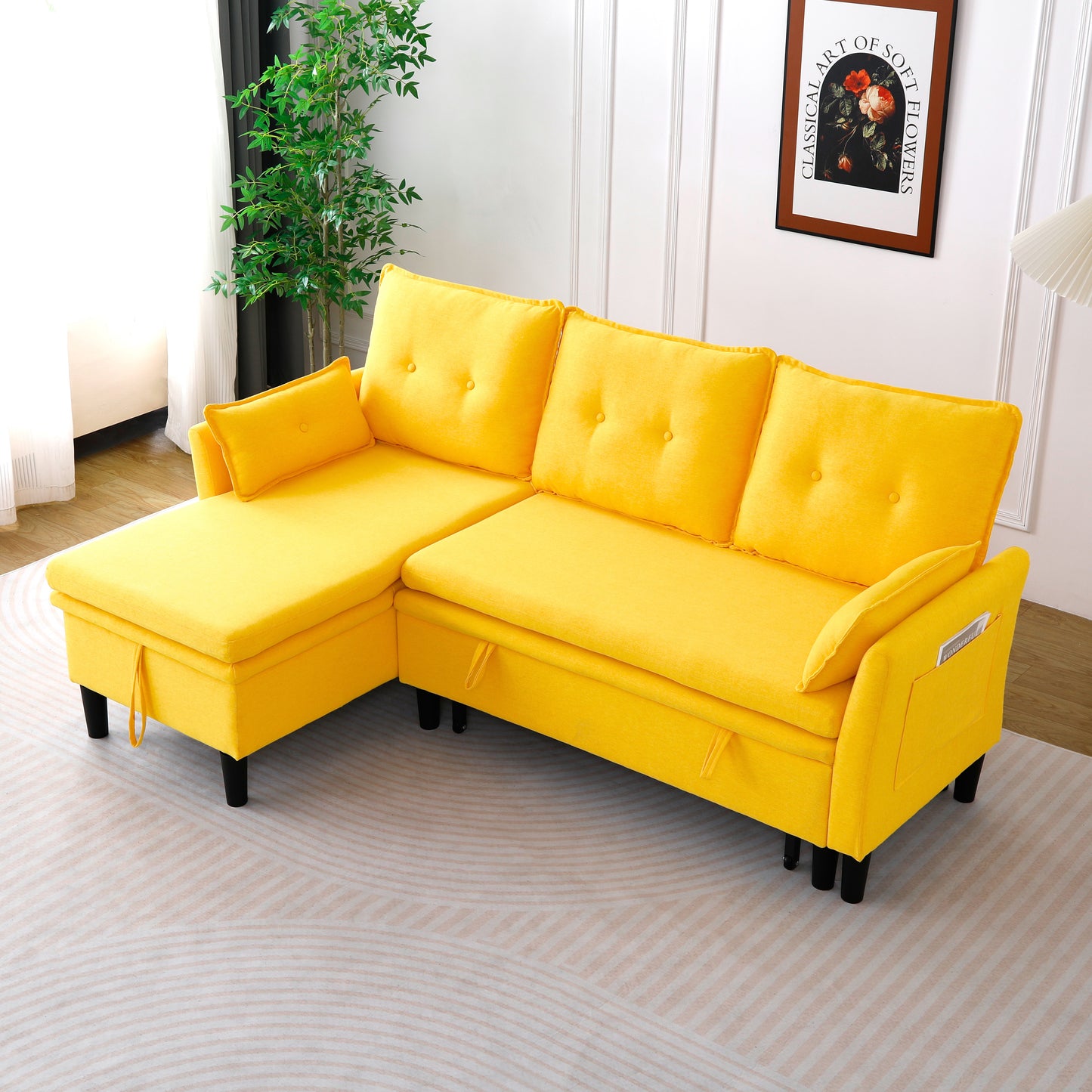 L-Shaped Reversible Chaise Sectional Sofa With Storage - Cotton-Linen, Yellow, Office & Apartment Ready