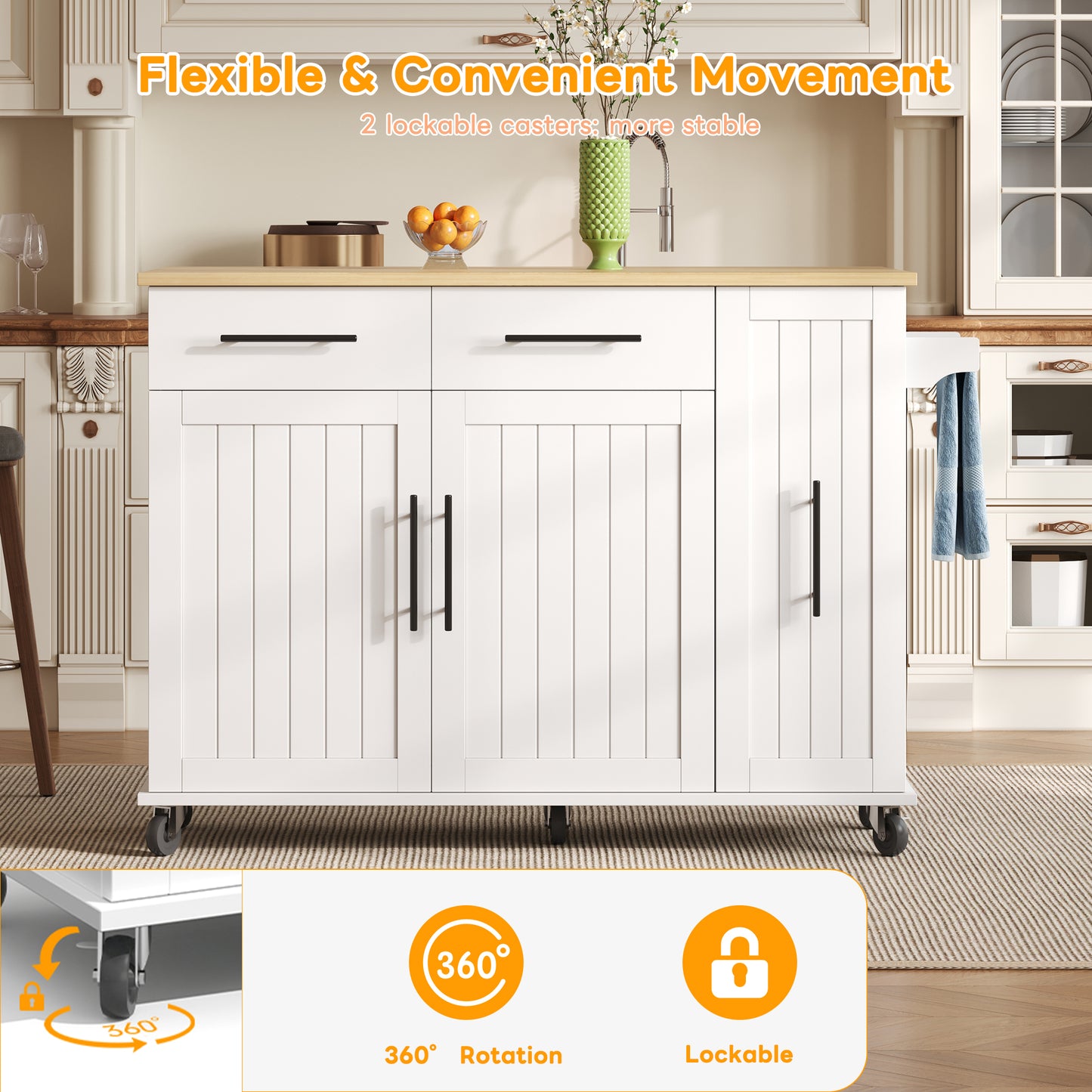 Kitchen Island With Drop Leaf, Storage Trolley With 3-tier Pull-out Cabinet Organizer, Internal Storage Rack, Rolling Cart With Towel Holder & 2 Drawers For Dining Room, White
