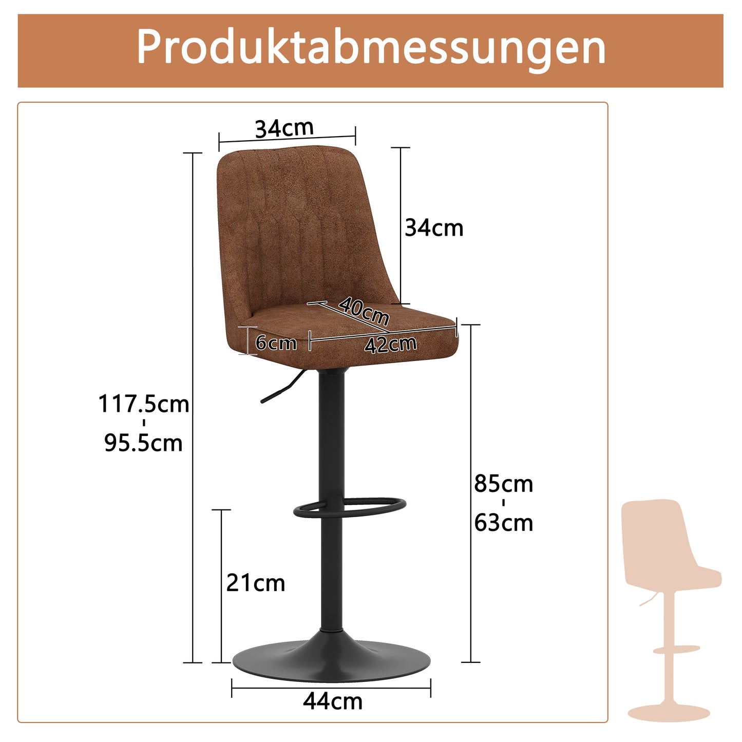Adjustable Bar Stool In 2-piece Set, 360 Rotating, Seat And Backrest Made Of Brown, Breathable Technical Fabric, Legs Made Of Black Metal. Suitable For Kitchen Islands And Bar Counters.