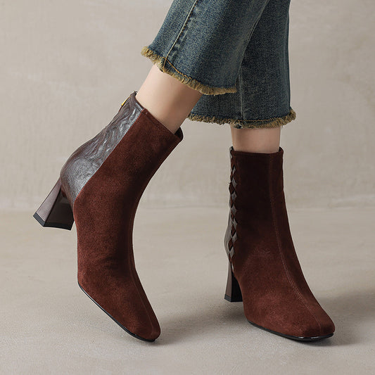 Womens Korean-style Square-toe Leather Chunky-heel Patchwork Ankle Boots