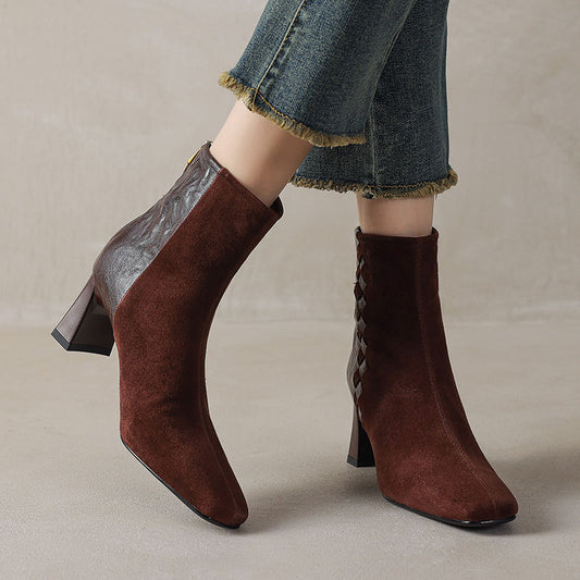 Womens Korean-style Square-toe Leather Chunky-heel Patchwork Ankle Boots