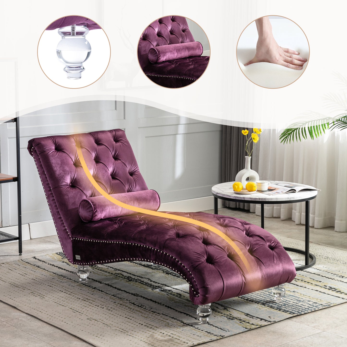 Velvet Chaise Lounge Indoor,Button-Tufted Upholstered Chaise Lounge Chair With Pillow For Bedroom Living Room Office  Purple Velvet