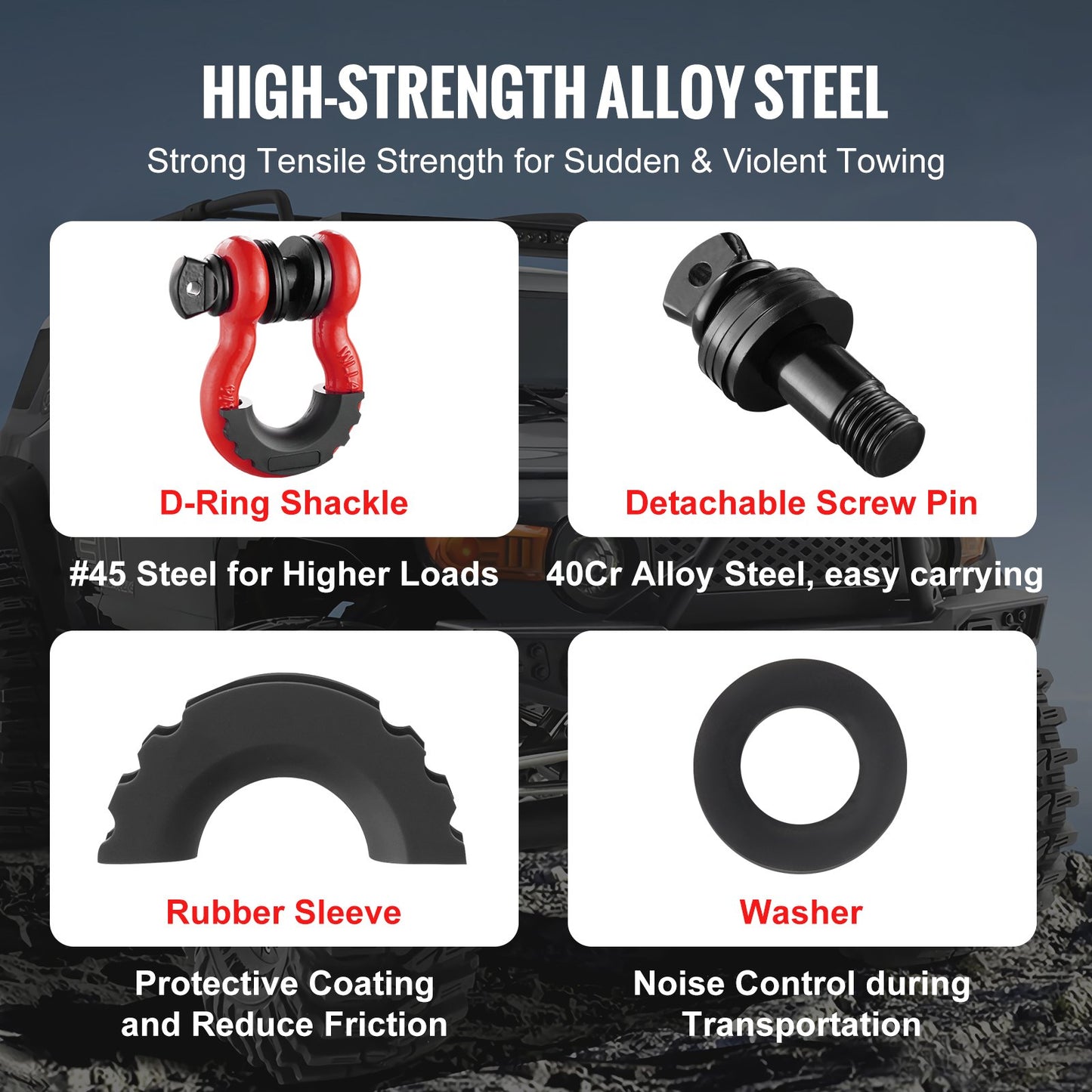 3/4" D-Ring Shackle, 2 Pack Alloy Steel Shackles 62832 Lbs (28.5 Ton) Break Strength With 7/8" Screw Pin, Isolators & Washers, Heavy Duty Off Road Vehicle Recovery Shackle For Jeep Truck, Red