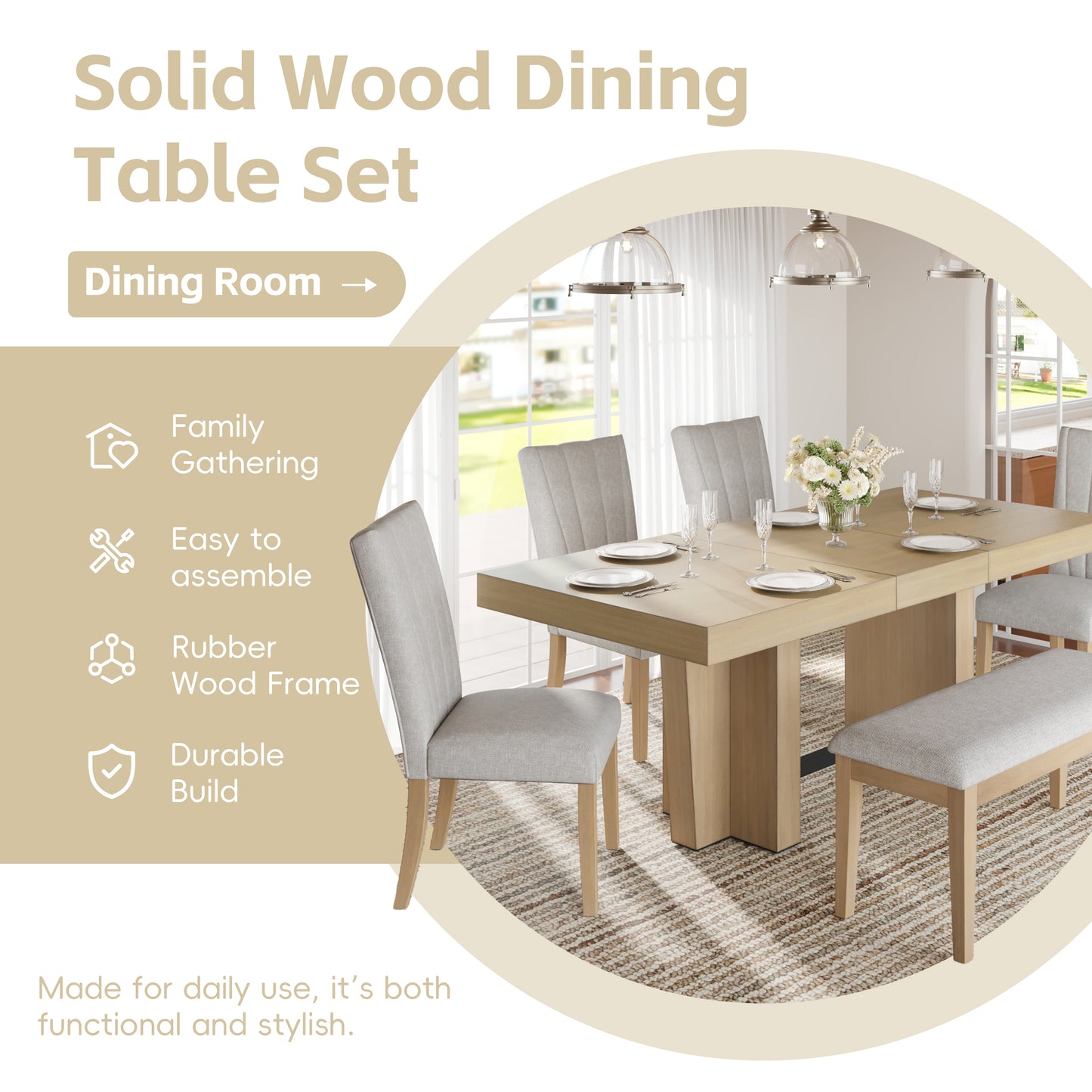 TOPMAX Farmhouse 78.1inch Extendable Wood Dining Table Set For 6, Kitchen Table Set With Bench And 4 Upholstered Chairs,3.8inch Thick Tabletop And Trestle Legs For Kitchen, Dining Room, Natural Beige