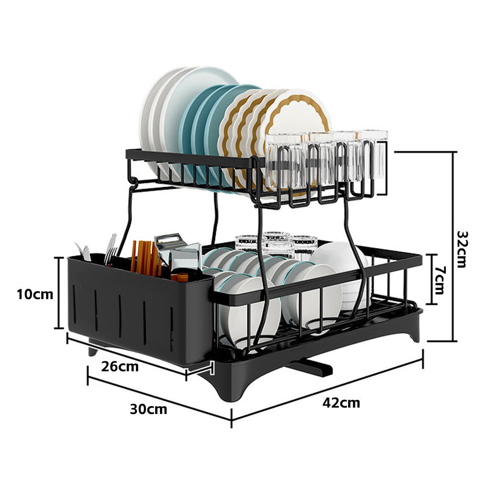 2 Tier Dish Drainer Drying Rack With Cup Holder Cutlery Tray Kitchen Organiser