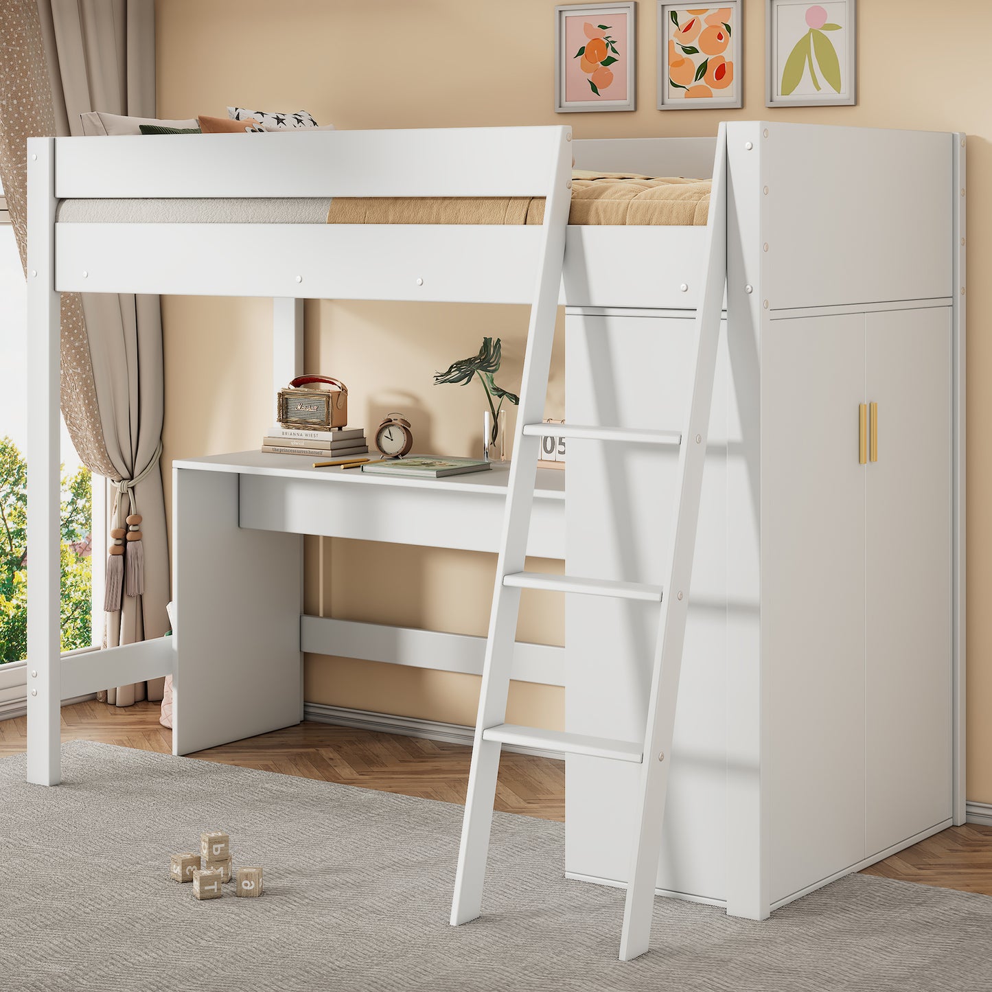Children's Loft Bed, Multifunctional Children's Bed, With Ladder, With Desk, With Wardrobe, Freely Combinable, Without Mattress, Solid Wood, White 90X200