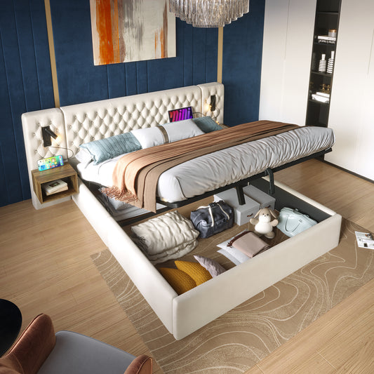 AB30260234B Bed System Bedroom Complete Set,Upholstered Bed Hydraulic Storage Bed Double Bed 160X200 Cm With 2 Bedside Tables, Headboard Reading Light With USB Charging Function, Beige, Velvet  With