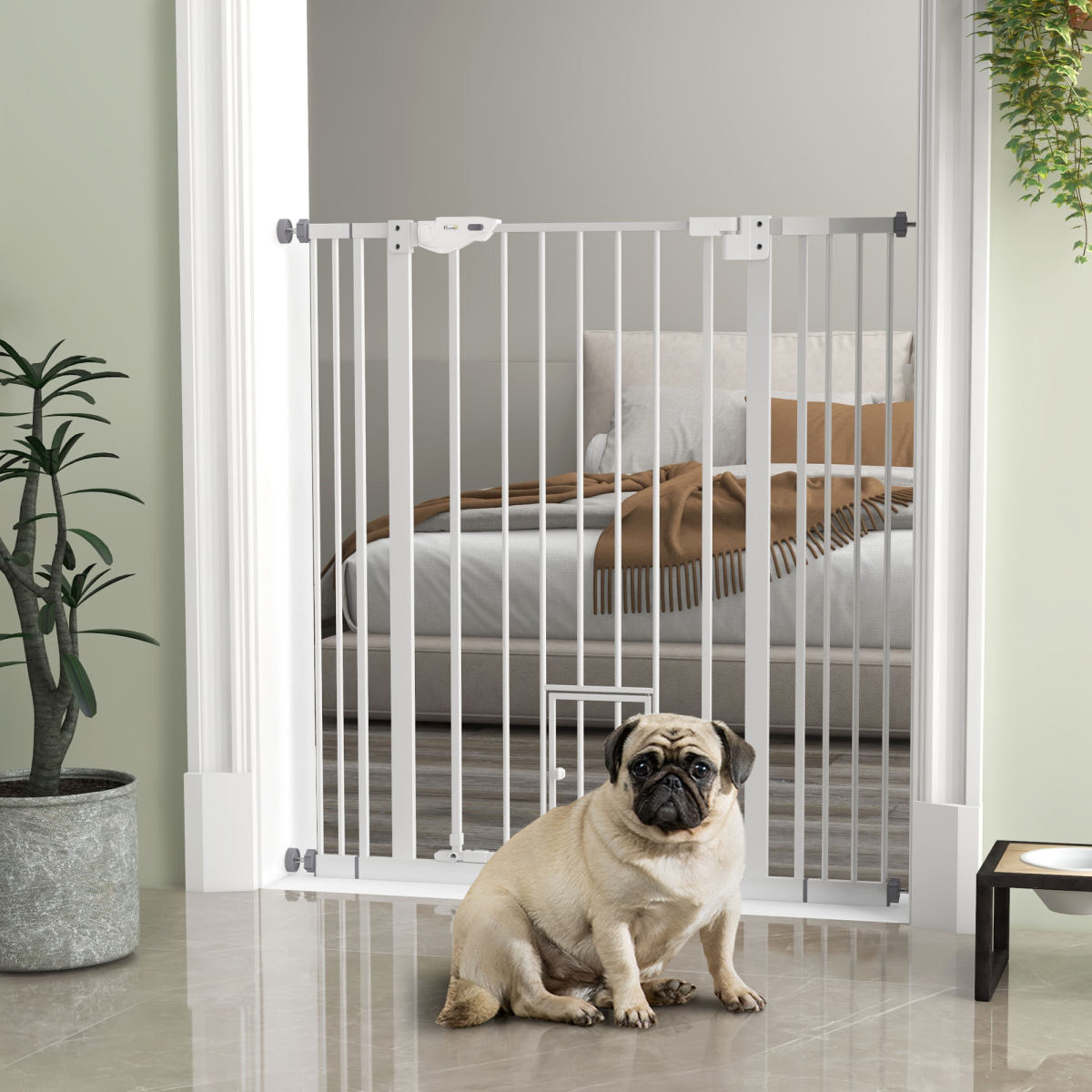 PawHut Extra Tall Pet Gate, Indoor Dog Safety Gate, With Cat Flap, Auto Close, 74-101cm Wide - White