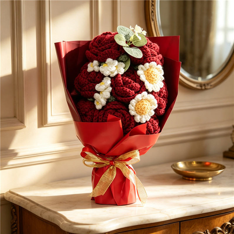 Handmade Crochet Flower Bouquet, Burgundy Roses Paired With  Crochet Flowers, Soft Yarn Everlasting Crochet Bouquet, Indoor Home Decorative Ornament