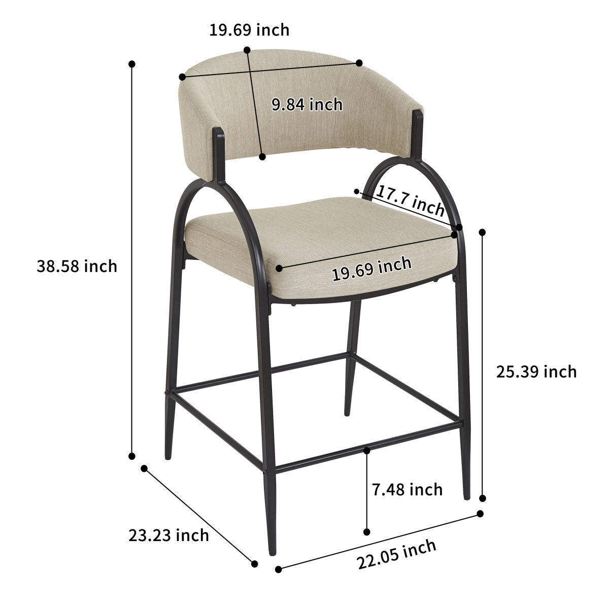 25 Seat Height Modern Fabric Bar Stools With Back, Black Metal Frame, Comfortable Counter Stools For Kitchen Island Dining Room, Set Of 2  Beige