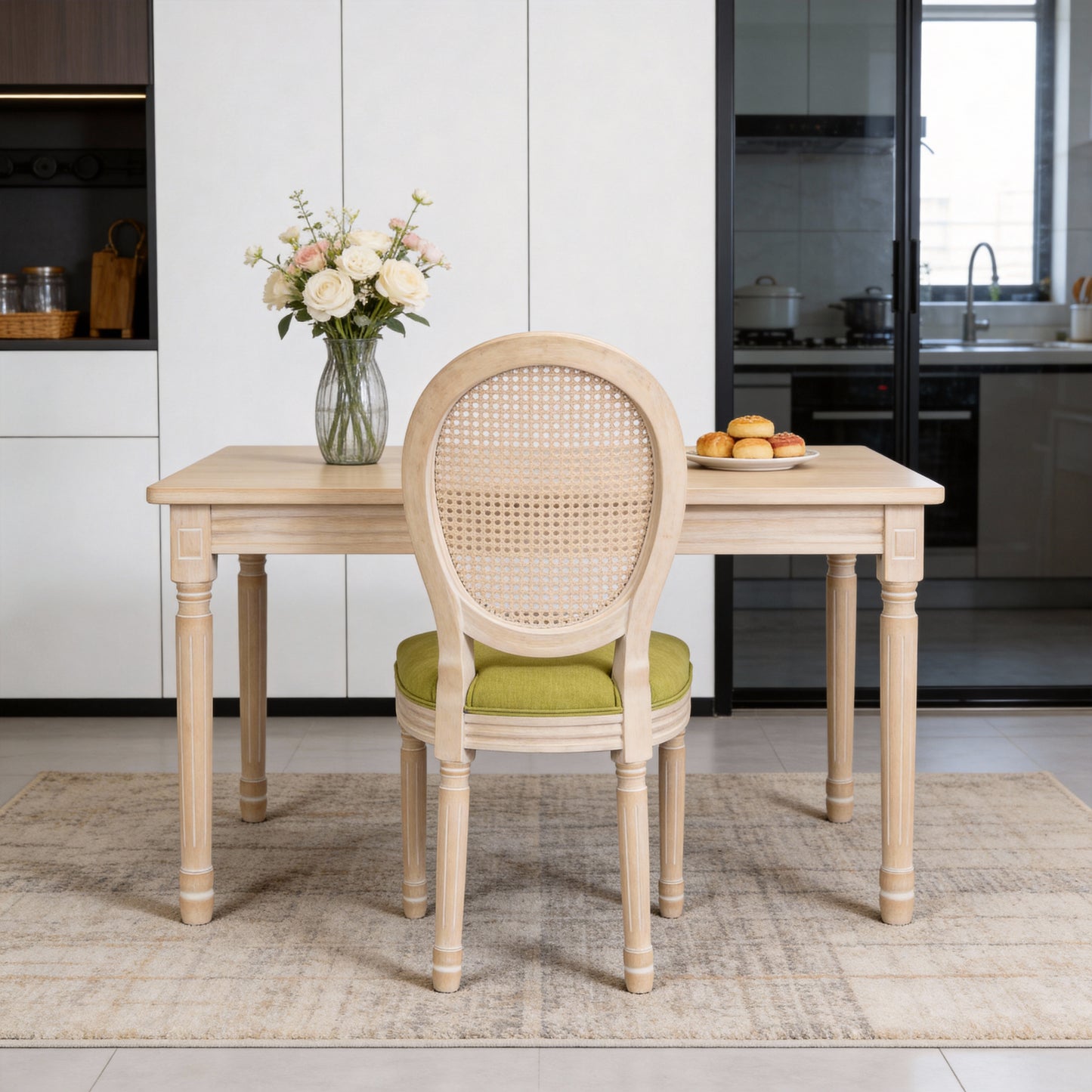 French Country Dining Chairs Set Of 2, Upholstered  Chairs With Nature Rattan Round Back, For Living Room, Kitchen , Restaurant Use, Green