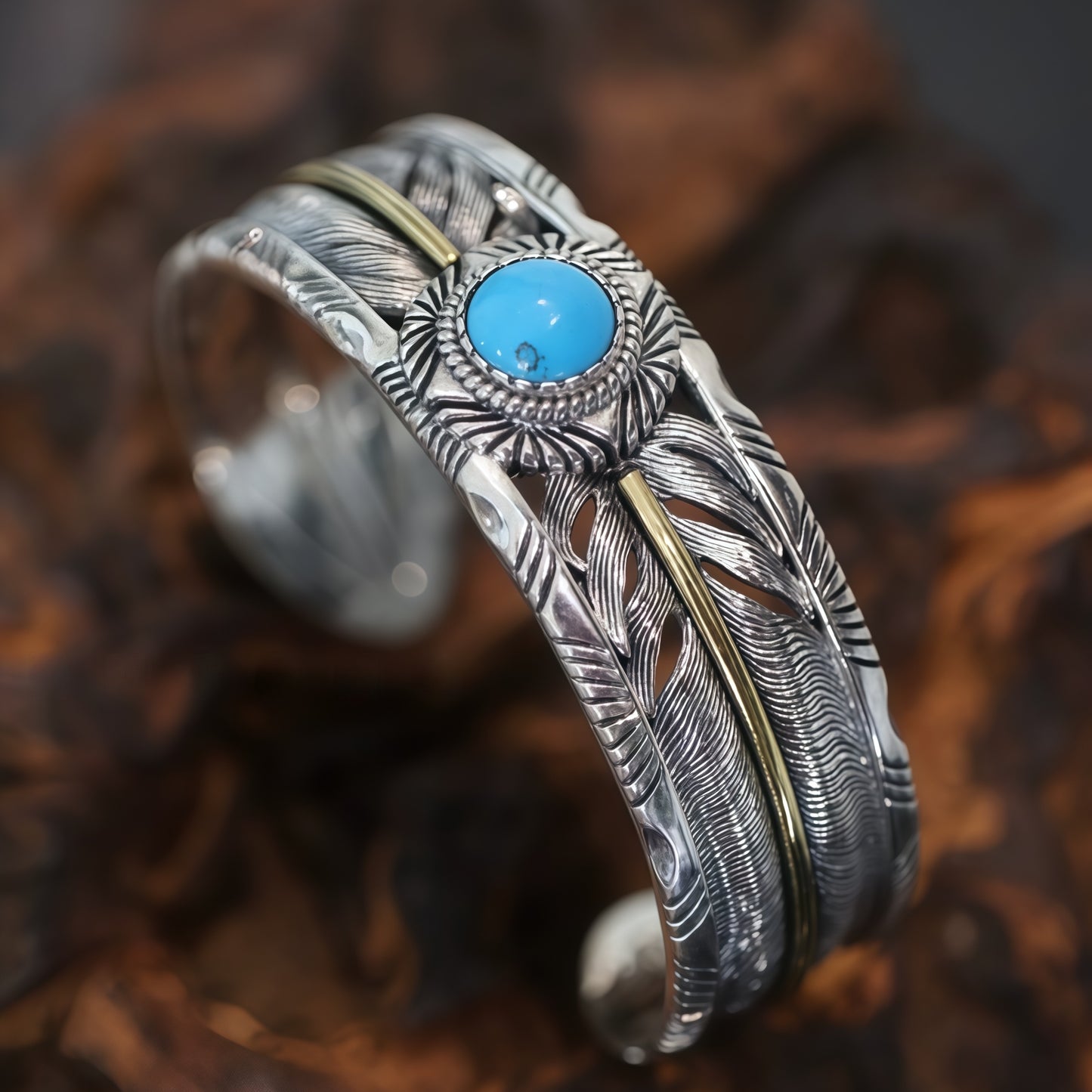Vintage Native Feather Turquoise Open Cuff Bangle For Men Women, Copper Plated Silver Two-Tone Oxidized Western Tribal Adjustable Wrist Jewelry Gift