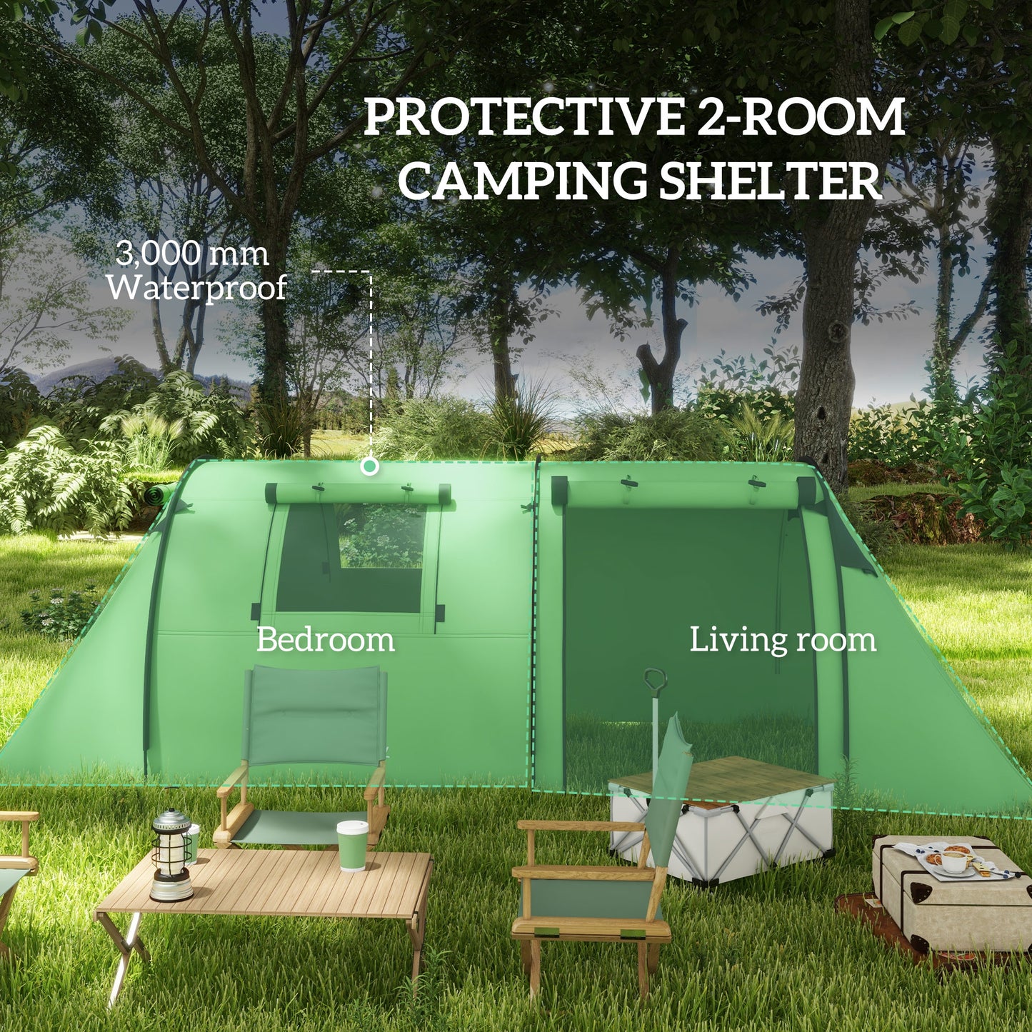 Four Man Duo Room Tunnel Tent, With Accessories - Green