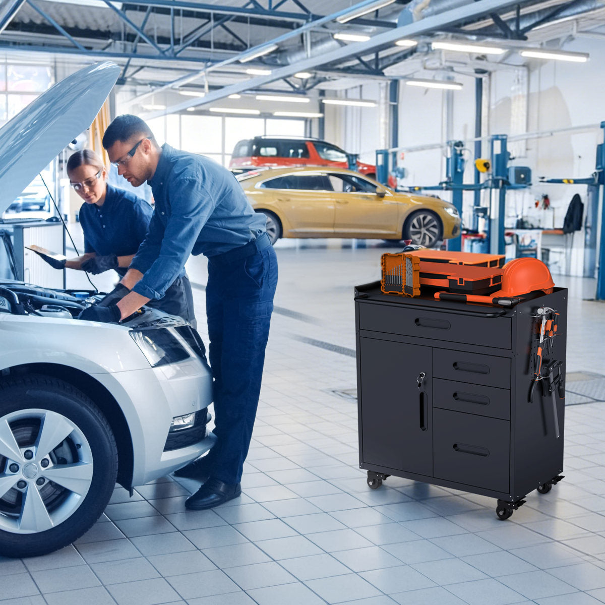 34.3  Mobile Tool Storage Cabinet - Garage Organizer With Lockable Compartment & 4 Drawers, Rolling Steel Chest For Workshop And Home Garage