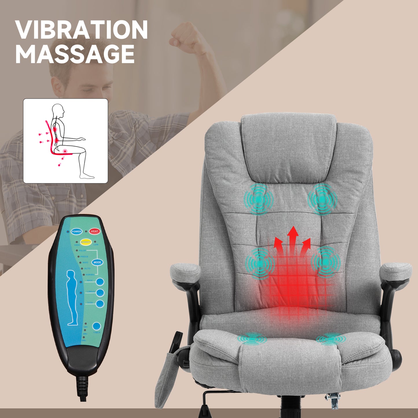 Vinsetto Office Chair, Ergonomic Fabric Desk Chair With 6-Point Massage And Back Heated, Arms, Lumbar Support, Light Grey