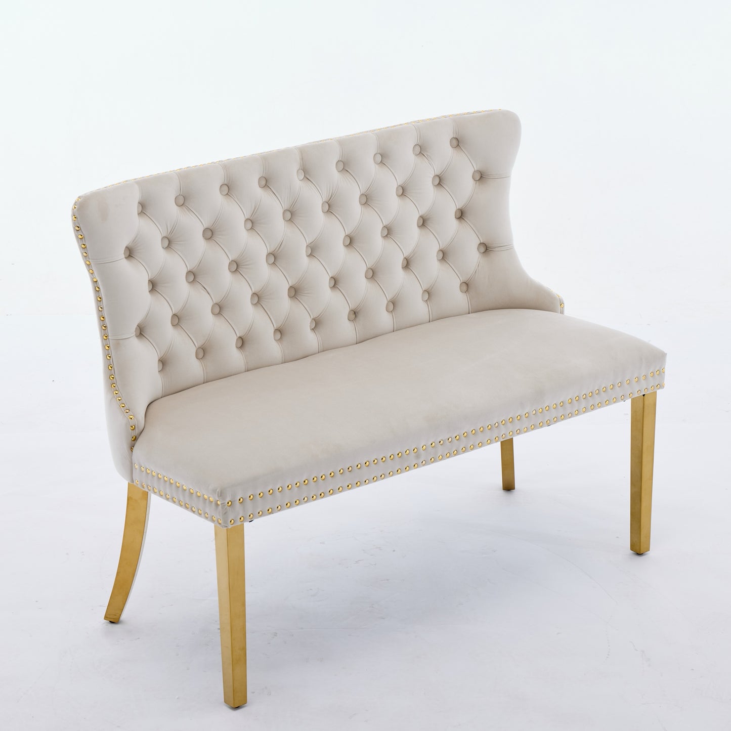 Velvet Double Dining Loveseat Bench, Kitchen & Dining Seating, 2-Seat Tufted Bench W Handmade Buttons, Wing Back, Gold-Plated Steel Legs, Mid Century Modern,Single Pack,Beige,DE1602BG