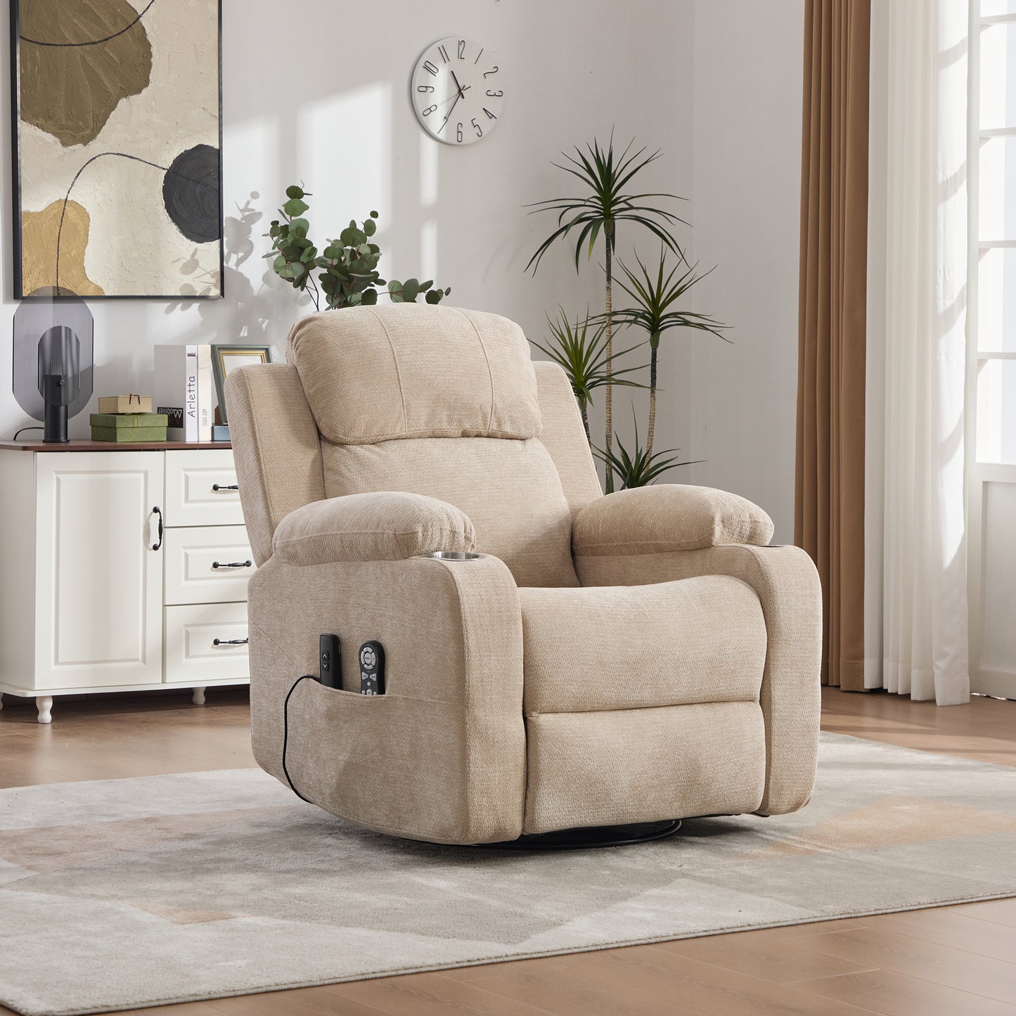 Electric 360 Swivel Recliner With Massage And Heat Function, Electrically Adjustable Backrest And Footrest, As Well As Side Storage Pockets And Cup Holders.Light Khaki
