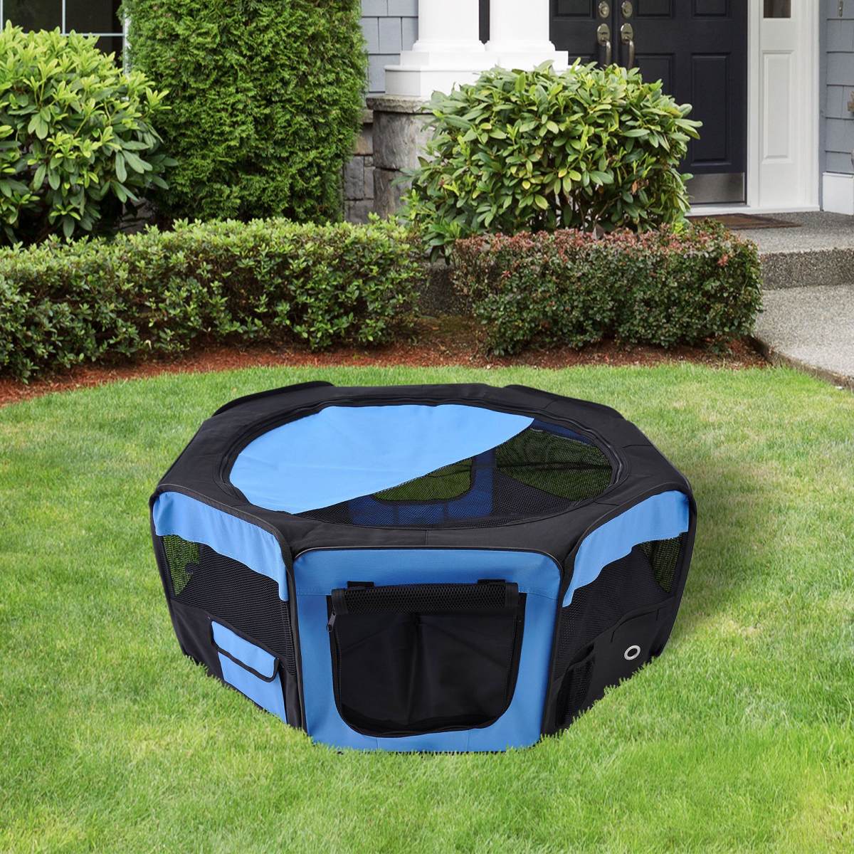PawHut Portable Cat Dog Playpen Pet Puppy Rabbit Guinea Pig Pen Run Dia 90 X 41H Cm Indoor & Outdoor Blue